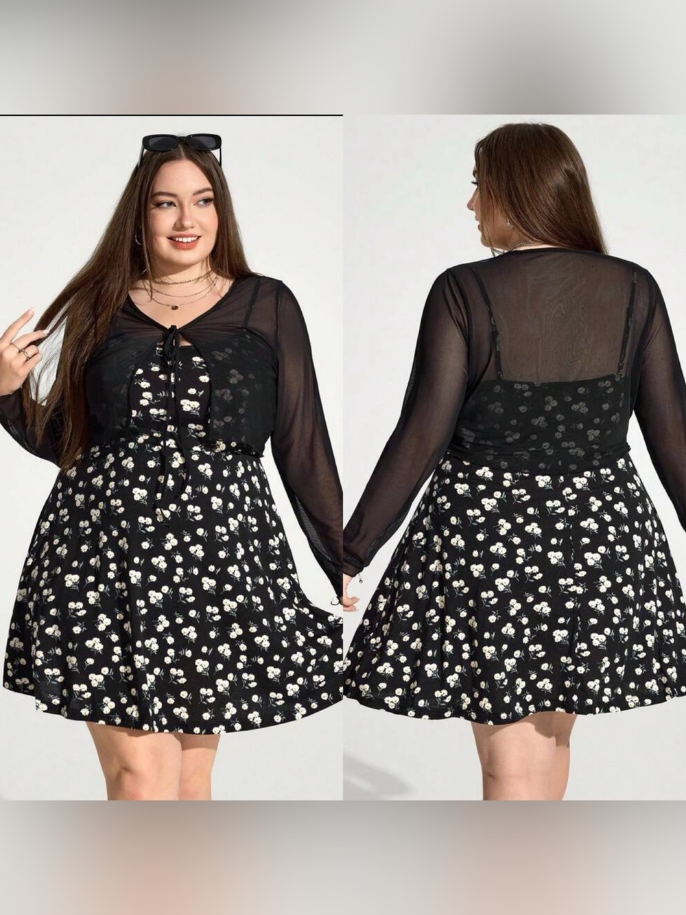 SHEINCurve Black Floral Skater Dress With Mesh Bolero